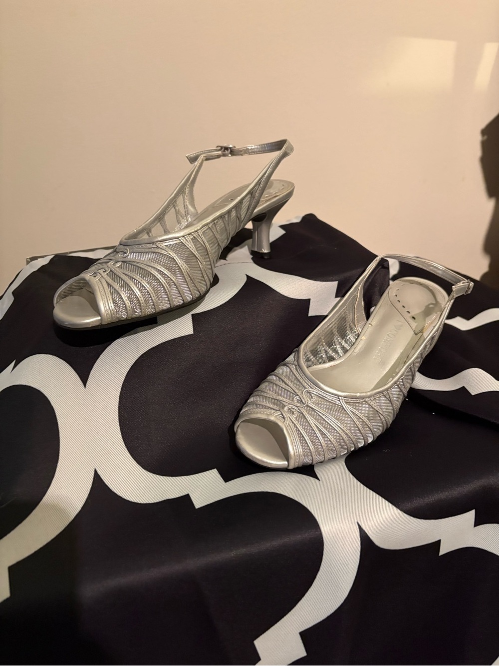 Silver Peep-Toe Slingback Heels with Kitten Heel